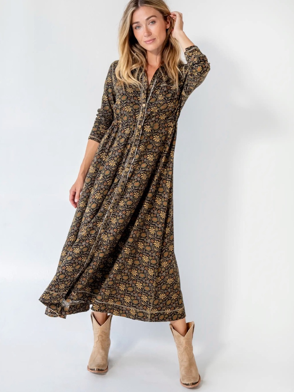 NWT Natural Life Christa Knit Cotton Maxi Dress M Black Tan Floral Boho